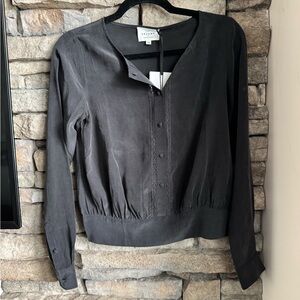 Sezane Black Button-Front Cropped Blouse